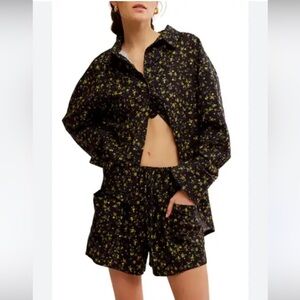 Free People Early Morning Black Floral Print Cotton Shorts Pajama Set Large NWT